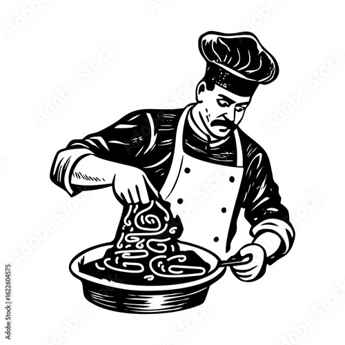A vintage style illustration showing cooking food scene