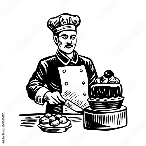 A vintage style illustration showing pastry chef