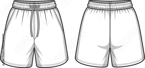 Mens shorts technical drawing, front and back view, detailed flat sketch, fashion apparel vector, drawstring waist, sportswear template illustration
