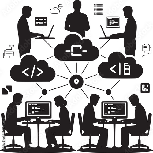 Silhouetted figures working on computers connected to cloud network in black and white design style
