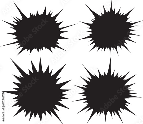 Four black splatter shapes silhouette