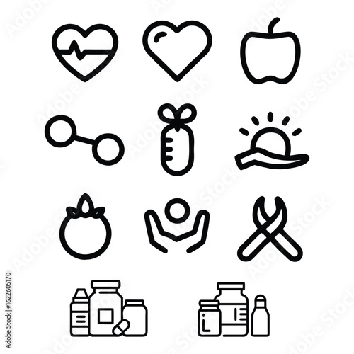 A collection of black line art icons for health, wellness, and medicine. Includes symbols for fitness, nutrition, and healthcare. Vector icon set.

