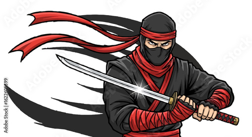 Fierce ninja warrior character in a black costume holding a sharp katana sword for a mascot design.