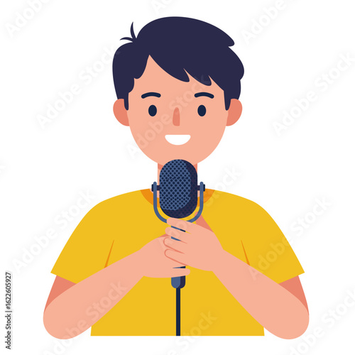 Young man smiling while holding microphone in colorful setting  