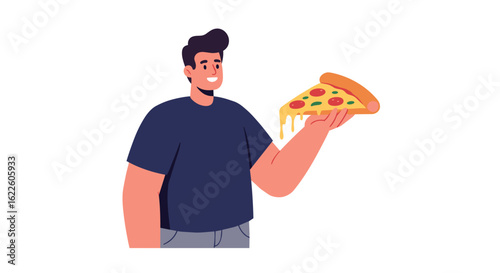 Young man holding a slice of pizza with a cheerful expression  