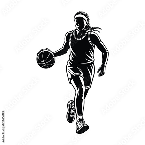 Dynamic silhouette of a female basketball player dribbling