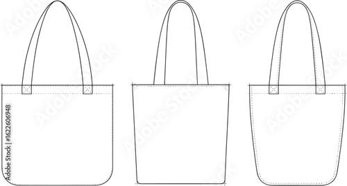 CAD drawing flat vector illustration showing three different basic tote bag designs for sewing, crafting, pattern, fashion, and design use