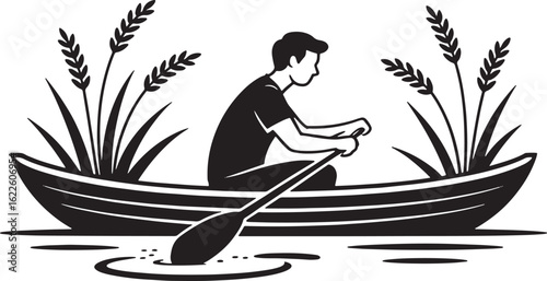 Minimalist Black and White Vector of Boat Rowing with Rice Plants and Lotus Flowers