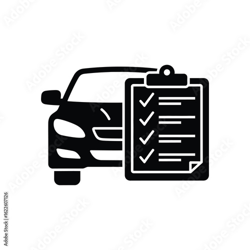 Vector art of a car inspection checklist is displayed near a vehicle, isolated on white background it is for service, repair, and maintenance