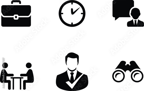 Business icons briefcase clock meeting man binoculars