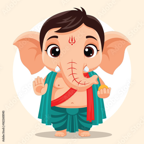 Adorable Kid Dressed as Little Lord Ganesha – Cartoon Vector Illustration