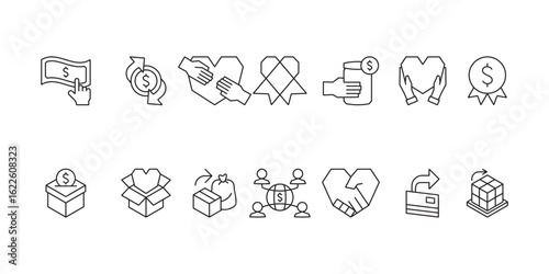 Charity and social welfare icon set collection for giving, nonprofit organizations, volunteering, donation, community support, humanitarian aid, and global relief
