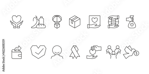 Charity and social welfare icon set collection for giving, nonprofit organizations, volunteering, donation, community support, humanitarian aid, and global relief