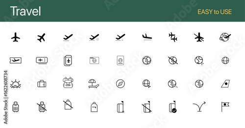 Set of Airport Related Vector Line Icons. Contains such Icons as Globe, Departure, Plane, Bus, Tickets, Baggage Claim, Calendar, Kit and more. Editable Stroke.