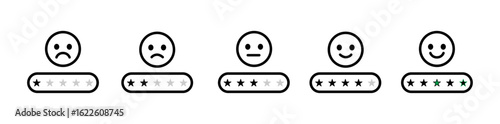 Feedback emoji icons customer satisfaction rating emoticon face expressions sign five stars, outline good bad happy sad angry neutral smile gauge reaction service level symbols - vector