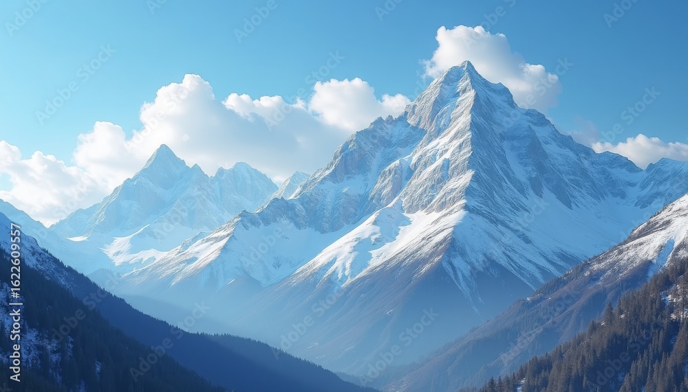 Obraz premium Majestic Snow-Capped Mountains Under Bright Blue Sky and Clouds