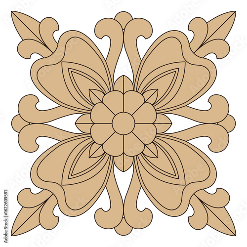 An elegant symmetrical wood carving style motif displays a beautiful central flower design.