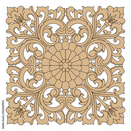 An elegant symmetrical floral scroll pattern showcases classic ornamental design.