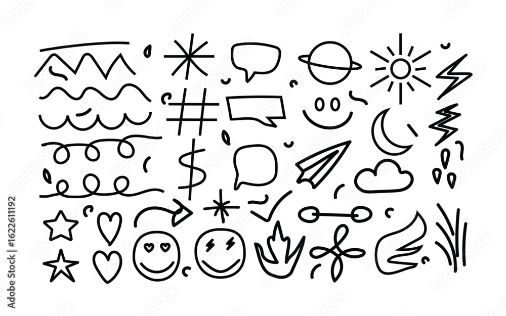 Obraz premium Hand drawn doodle elements collection including shapes, symbols, emojis, and sketch lines 