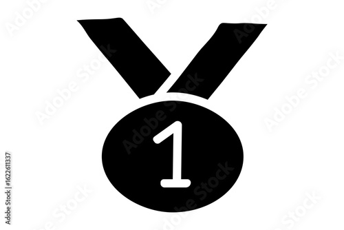 A bold, black and white icon of a first place medal. The medal itself is a solid black circle with a thick, white number "1" in the center
