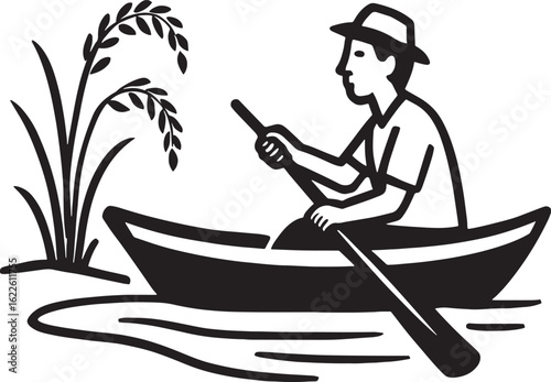 Minimalist Black and White Vector of Boat Rowing with Rice Plants and Lotus Flowers