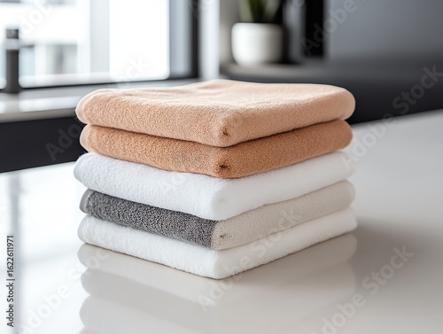 A perfectly folded pile of microfiber towels in pastel shades, resting on a shiny countertop with natural lighting
