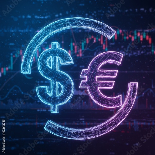 Digital rendering of a dollar and euro symbol with a circular arrow, against a financial chart background.