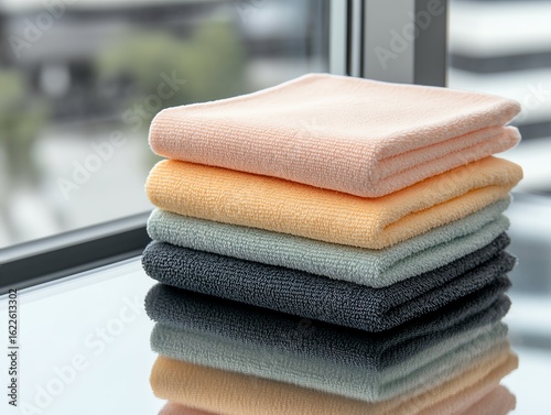 A stack of pastelcolored microfiber cloths on a reflective glass surface