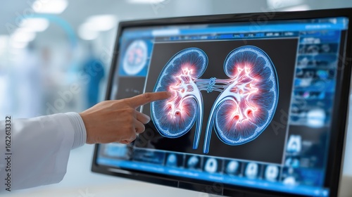 Kidney stone risk. Medical professional analyzing kidney scans on a digital display in a clinical setting.