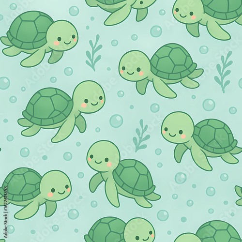 Seamless Kawaii Turtle Pattern – Cute Baby Sea Turtle in Pastel Style