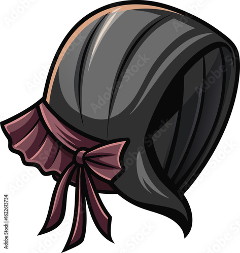 Vintage black bonnet with burgundy ribbon and lace trim