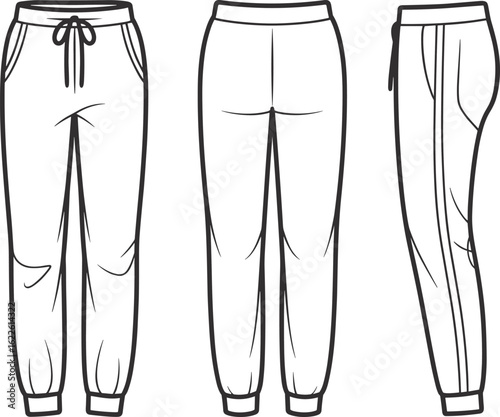 CAD drawing flat vector illustration of jogger sweatpants for men with front, back and side view, fashion technical sketch