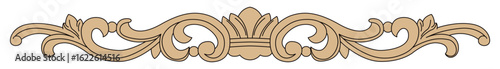Intricate wooden carving shows symmetrical scrolls and a decorative central crown.