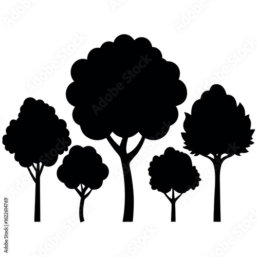 Collection of 7 bushy tree silhouettes isolated on white background silhouette