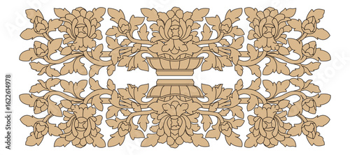 Elegant symmetrical floral pattern with decorative leaves and a central ornate vase design