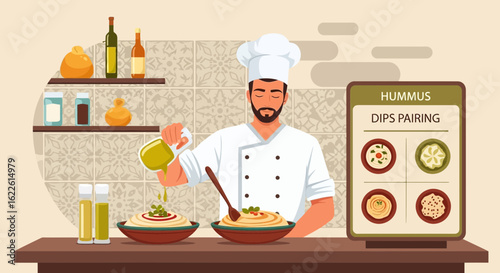 Chef Prepares Hummus With Different Dips In Restaurant