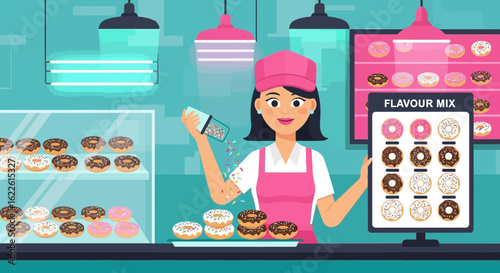 Donut Shop Owner Sprinkling Colorful Sprinkles on Delicious Pastries