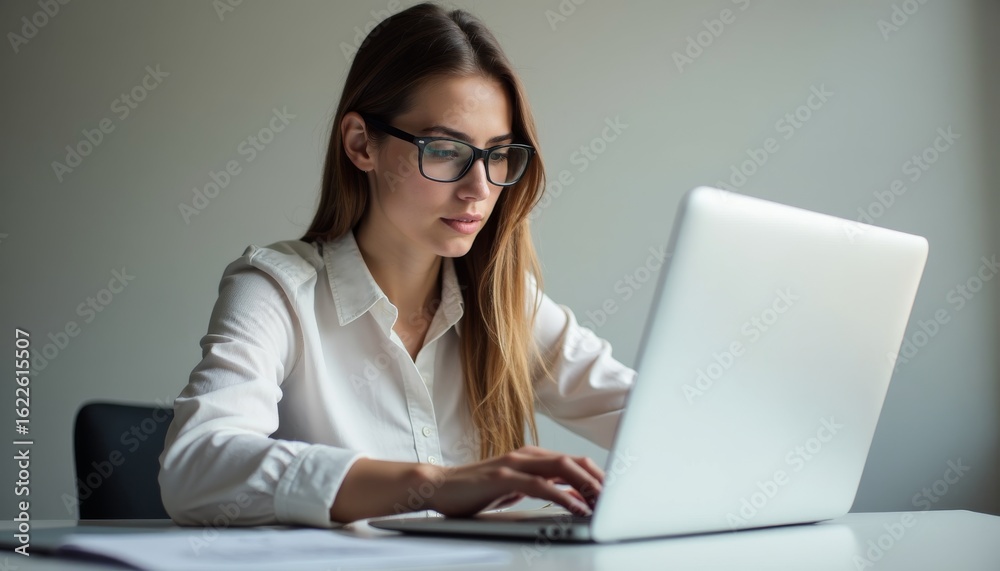 Young Woman Working at Laptop in Modern Office Environment Young Woman Working at Laptop in Modern Office Environment