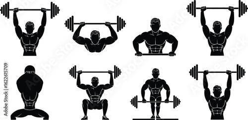 Collection of silhouetted athletes performing weightlifting exercises