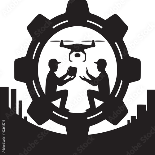 Silhouette of two people with drone inside a gear with city buildings in the background in black and white