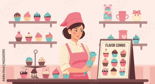 Confectionery Design Illustration Of Professional Pastry Chef Making Cupcakes