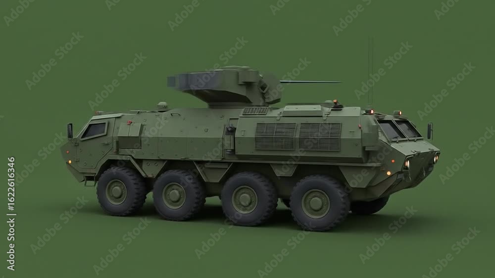 Military armored vehicle driving across terrain with mounted weapon system in action Military armored vehicle driving across terrain with mounted weapon system in action