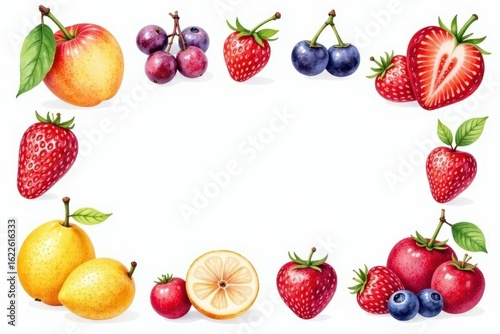 Delicate watercolor fruit & berry collection, charming style , food, tart