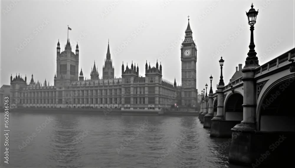 Fototapeta premium Foggy London View of Big Ben and Houses of Parliament at Dusk