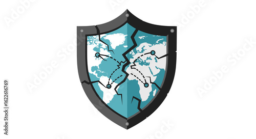 A cracked shield depicting a fractured world map symbolizes global vulnerability and the need for stronger security measures against cyber threats and data breaches. This image is ideal for