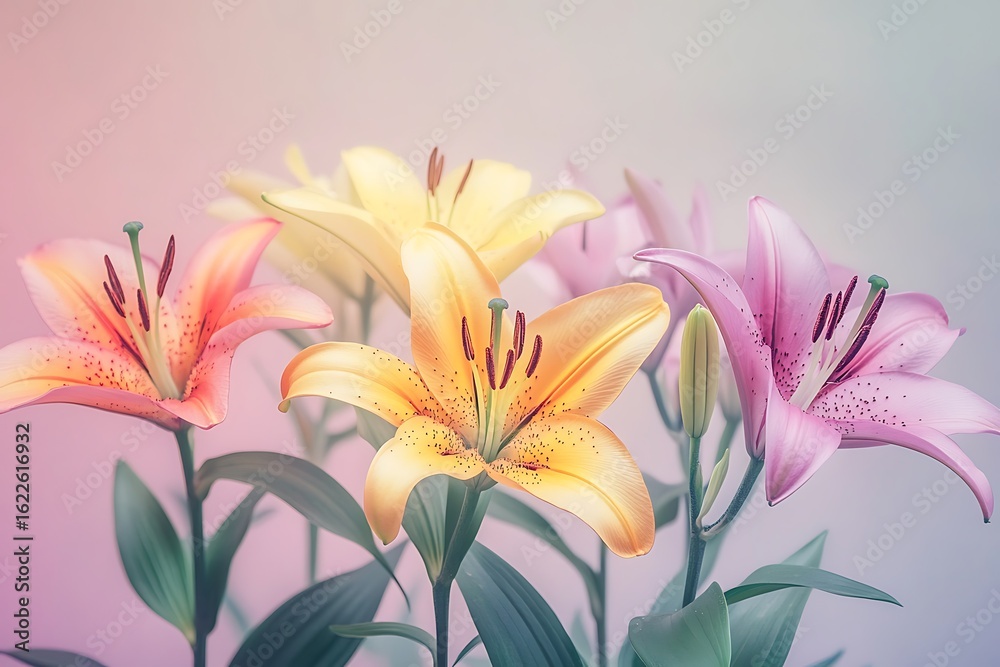 Naklejka premium Artistic arrangement of multicolored lilies scattered on a cream fabric with natural shadows 