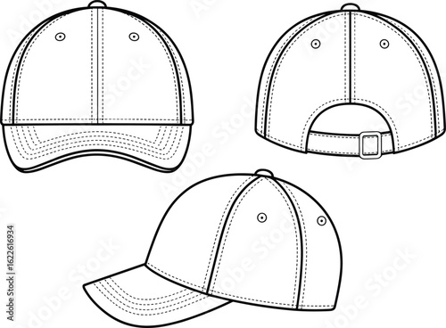Flat vector CAD drawing of baseball cap front, back, side view, detailed sketch for fashion design and product mockup