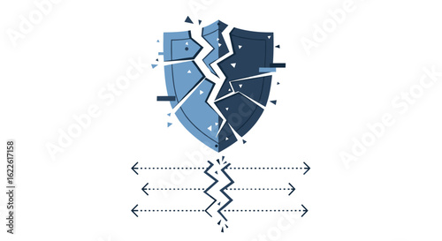 A fractured shield icon symbolizes data breach, cybersecurity failure, and compromised protection against digital threats.
