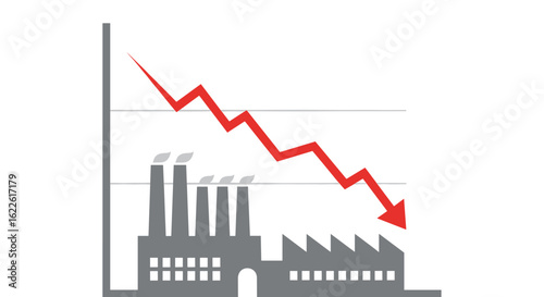 An industrial factory building is depicted with a financial graph showing a sharp downward red arrow, symbolizing economic decline or recession.
