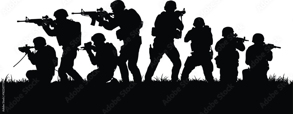 Obraz premium Silhouette of soldiers in combat formation with rifles